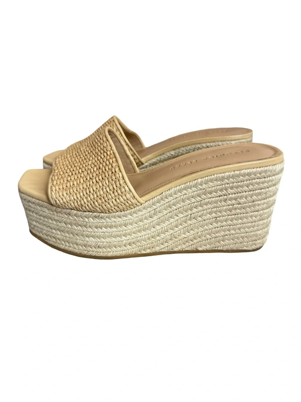 Veronica Beard Cream Woven Raffia Espadrille Wedge Sandals Slide Size 7 Women's